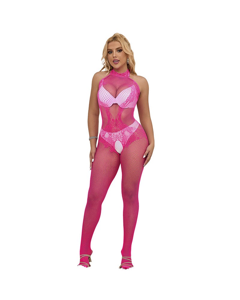 SUBBLIME - 952389 BODYSTOCKING A RETE E PIZZO SENZA CAVALLO CON COLLO ALTO ROSA TAGLIA UNICA