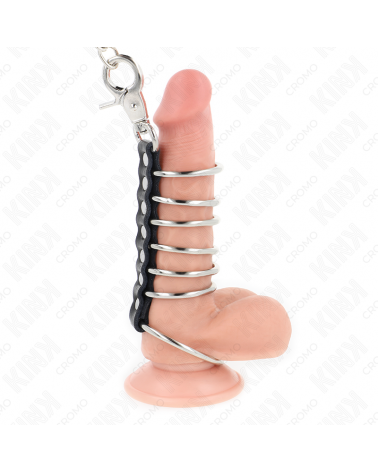KINK - 7 ANELLI PER PENE IN METALLO DA 3,8 CM A 5 CM COLLEGATI CON PELLE E CATENA IN METALLO 100 CM
