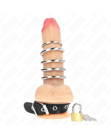 KINK - ANELLO PER PENE IN PELLE CON CINGHIA DI BLOCCAGGIO 21 X 2 CM E 5 ANELLI IN METALLO DA 3 CM A 4 CM 2