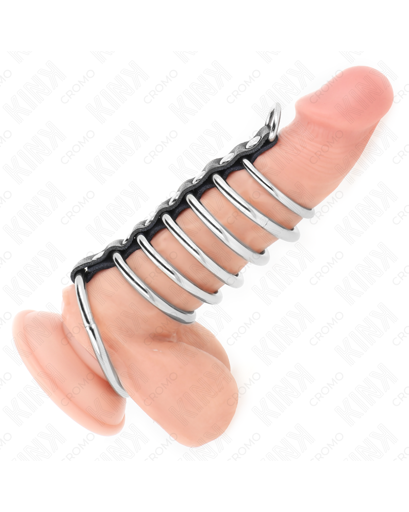 KINK - 7 ANELLI PER PENE IN METALLO DA 3,2 CM A 5 CM COLLEGATI DA PELLE