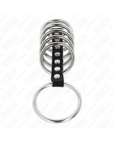 KINK - 7 ANELLI PER PENE IN METALLO DA 3,2 CM A 5 CM COLLEGATI DA PELLE