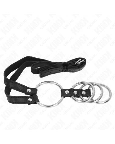 KINK - 4 ANELLI PER PENE IN METALLO COLLEGATI DA 3,8 CM A 5 CM CON CINTURA IN PELLE 112 CM