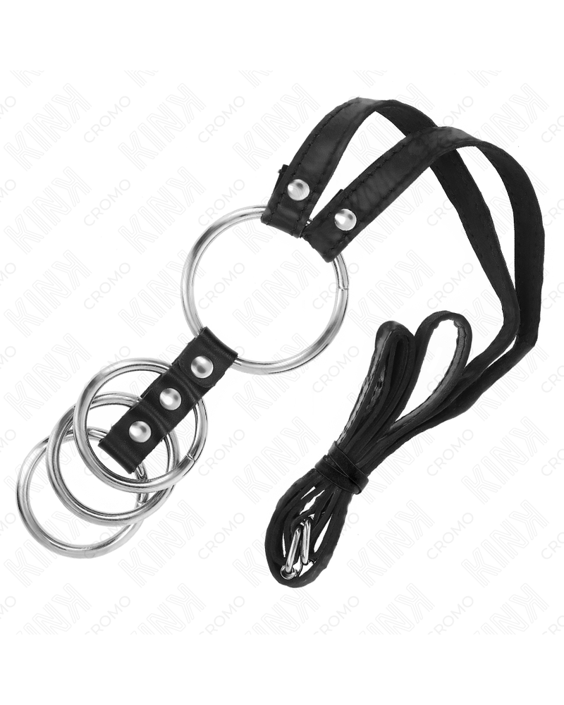 KINK - 4 ANELLI PER PENE IN METALLO COLLEGATI DA 3,8 CM A 5 CM CON CINTURA IN PELLE 112 CM
