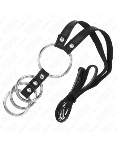 KINK - 4 ANELLI PER PENE IN METALLO COLLEGATI DA 3,8 CM A 5 CM CON CINTURA IN PELLE 112 CM