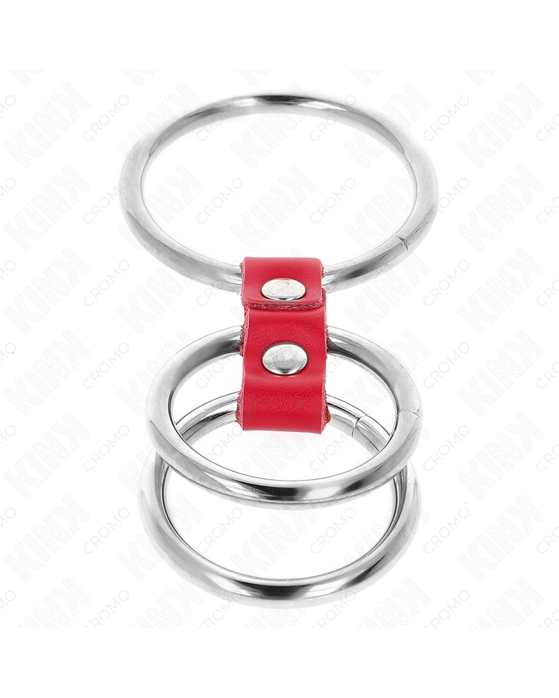 KINK - ANELLO PER PENE IN TRIPLO METALLO DA 3,7 CM A 5 CM COLLEGATO CON PELLE ROSSA