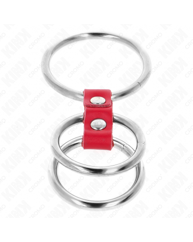 KINK - ANELLO PER PENE IN TRIPLO METALLO DA 3,7 CM A 5 CM COLLEGATO CON PELLE ROSSA