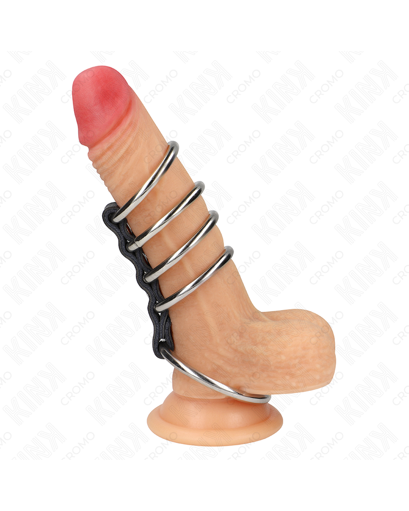 KINK - 5 ANELLI PER PENE DA 3,7 CM A 5 CM METALLO COLLEGATI DA PELLE