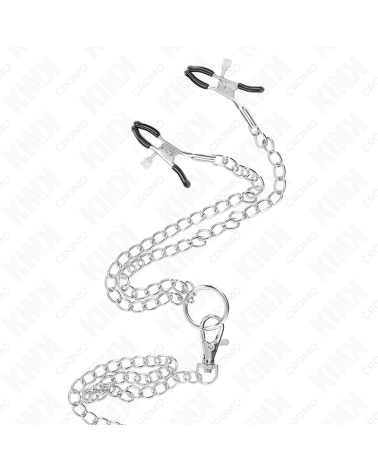 KINK - ANELLO PER PENE IN METALLO CROMATO TRIPLO DA 3 CM A 4,5 CM CON CATENA IN METALLO DA 26 CM E CLIP PER CAPEZZOLI