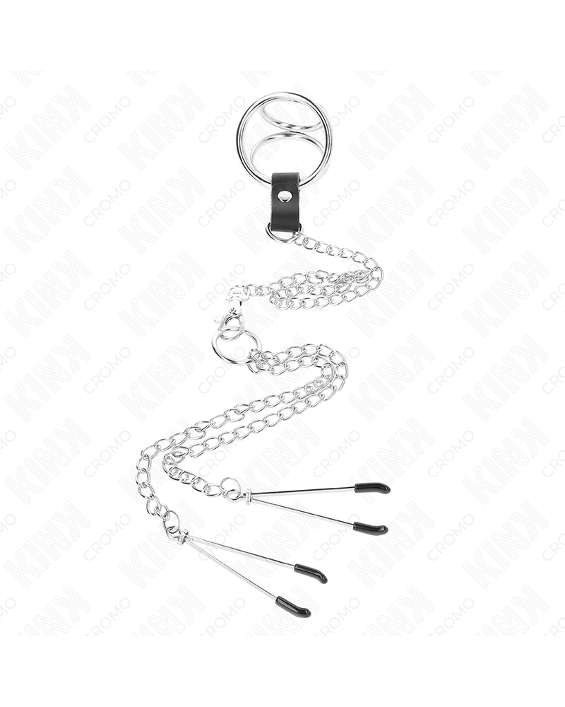 KINK - ANELLO PER PENE IN METALLO CROMATO TRIPLO DA 3,8 CM A 5 CM, CATENA IN METALLO DA 26 CM E MORSETTI PER CAPEZZOLI MOD. 2