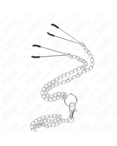 KINK - ANELLO PER PENE IN METALLO CROMATO TRIPLO DA 3,8 CM A 5 CM, CATENA IN METALLO DA 26 CM E MORSETTI PER CAPEZZOLI MOD. 2