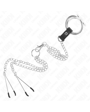 KINK - ANELLO PER PENE IN METALLO CROMATO TRIPLO DA 3,8 CM A 5 CM, CATENA IN METALLO DA 26 CM E MORSETTI PER CAPEZZOLI MOD. 2
