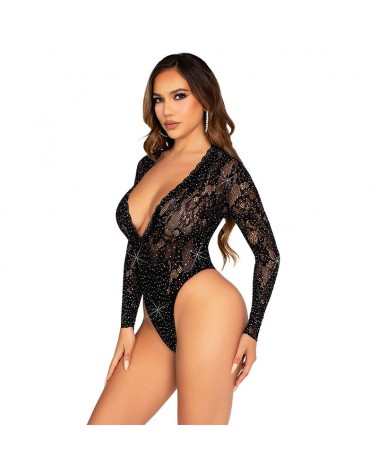 LEG AVENUE - BODY IN PIZZO E MANICA LUNGA CON STRASS NERO TAGLIA UNICA