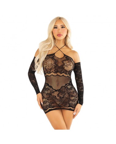 LEG AVENUE - ABITO MINI IN RETE A MANICHE LUNGHE E SPALLE SCOPERTE NERO