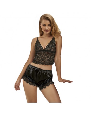 SUBBLIME - 953942 VESTAGLIA DA NOTTE CASUAL IN SETA + PANTALONI IN PIZZO NERO L/XL