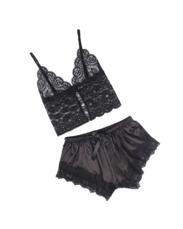 SUBBLIME - 953942 VESTAGLIA DA NOTTE CASUAL IN SETA + PANTALONI IN PIZZO NERO L/XL