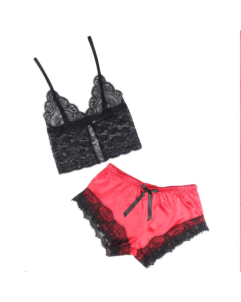 SUBBLIME - 953959 CAMICIA DA NOTTE CASUAL IN SETA + PANTALONI IN PIZZO NERO/ROSSO S/M