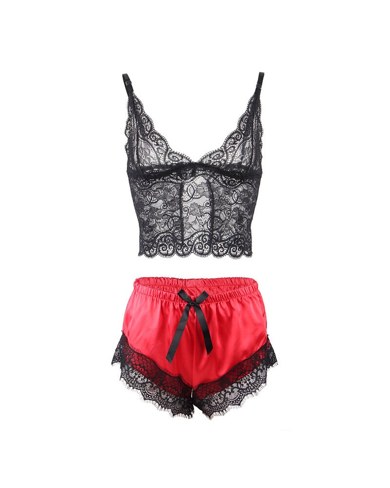 SUBBLIME - 953959 CAMICIA DA NOTTE CASUAL IN SETA + PANTALONI IN PIZZO NERO/ROSSO S/M