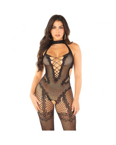 LEG AVENUE - BODYSTOCKING A MAGLIA CON STAMPA A FIORI NERO TAGLIA UNICA