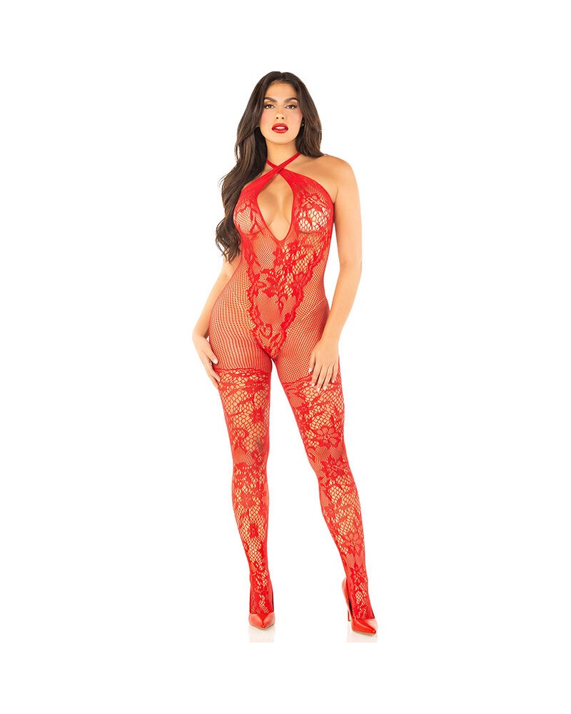 LEG AVENUE - BODYSTOCKING A MAGLIA CON STAMPA A FIORI ROSSO TAGLIA UNICA