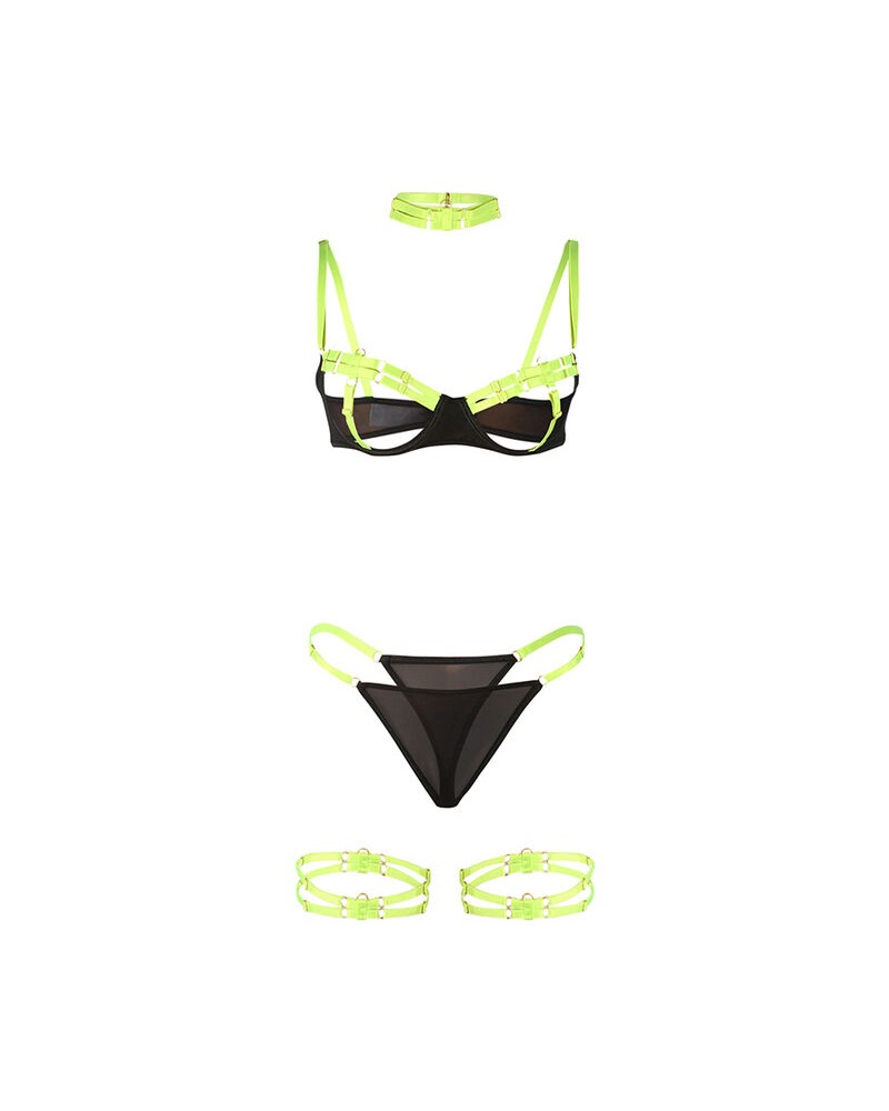 SUBBLIME - 955274 COMPLETO REGGISENO CON COLLANA E DETTAGLI GAMBA VERDE FLUORESCENTE S/M