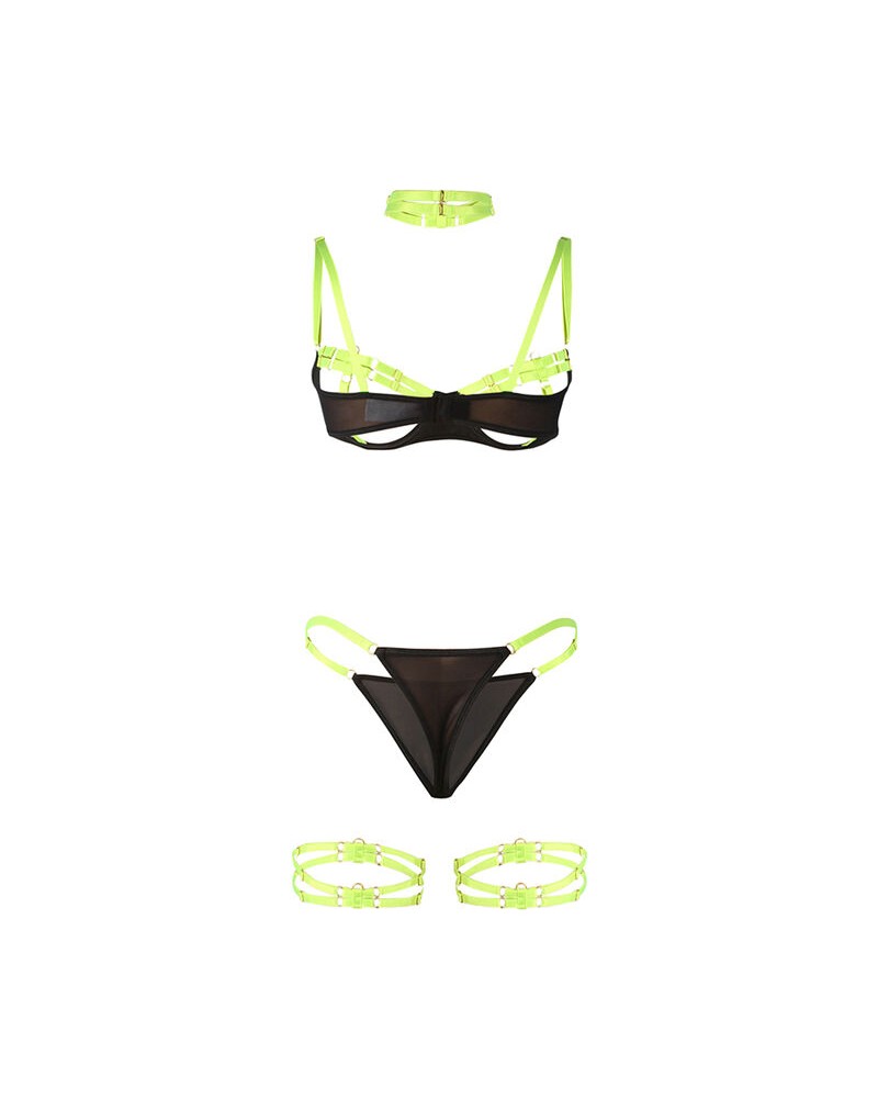 SUBBLIME - 955274 COMPLETO REGGISENO CON COLLANA E DETTAGLI GAMBA VERDE FLUORESCENTE S/M