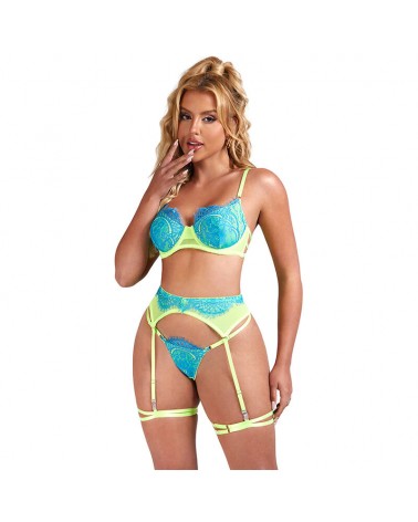 SUBBLIME - 955311 COMPLETO REGGISENO CON PIZZO E LINEE GIARRETRICI VERDE E BLU S/M