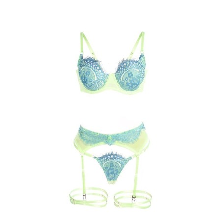 SUBBLIME - 955328 COMPLETO REGGISENO CON PIZZO E LINEE GIARRETRICI VERDE E BLU L/XL