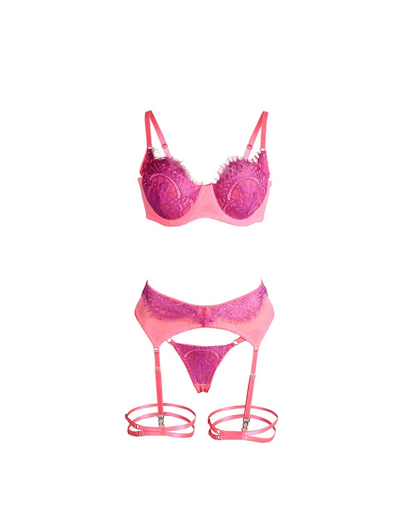 SUBBLIME - 955366 COMPLETO REGGISENO CON PIZZO E LINEE DI GIARRETTIERA ROSA E VIOLA L/XL