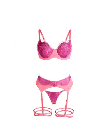 SUBBLIME - 955366 COMPLETO REGGISENO CON PIZZO E LINEE DI GIARRETTIERA ROSA E VIOLA L/XL