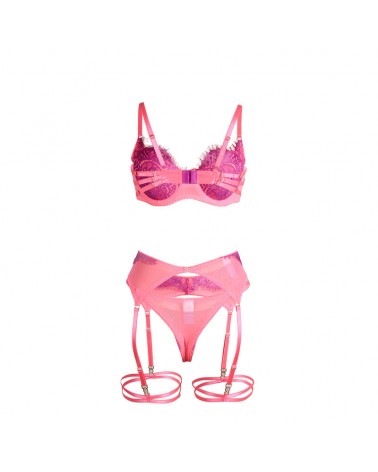 SUBBLIME - 955366 COMPLETO REGGISENO CON PIZZO E LINEE DI GIARRETTIERA ROSA E VIOLA L/XL