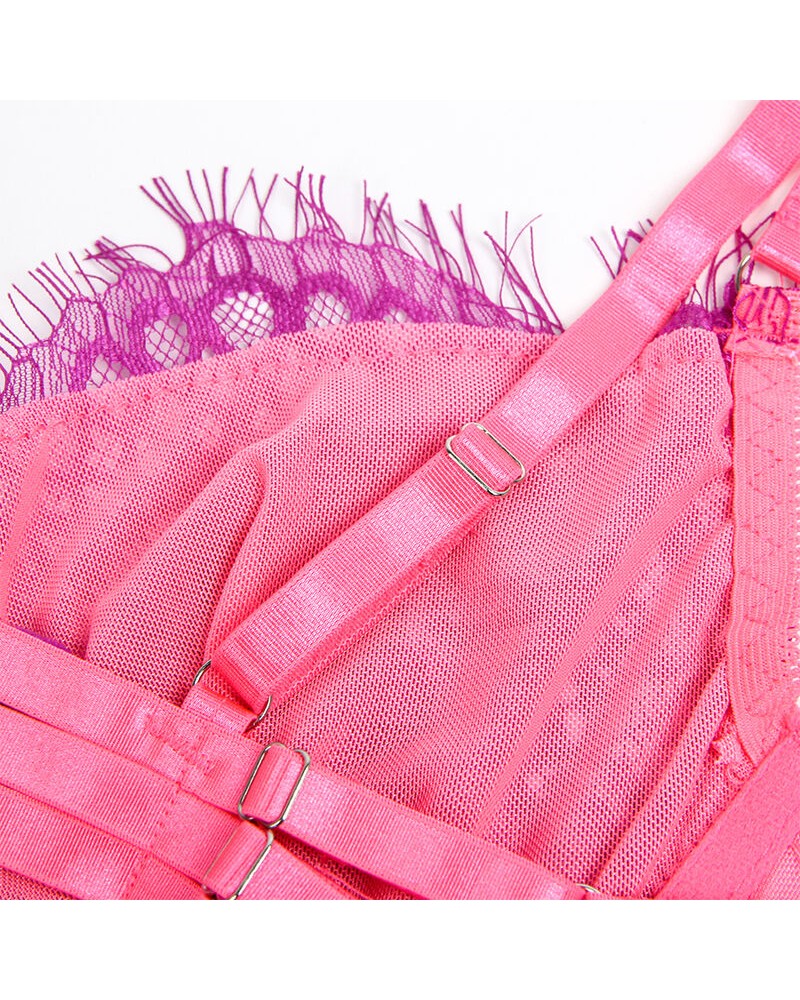 SUBBLIME - 955366 COMPLETO REGGISENO CON PIZZO E LINEE DI GIARRETTIERA ROSA E VIOLA L/XL