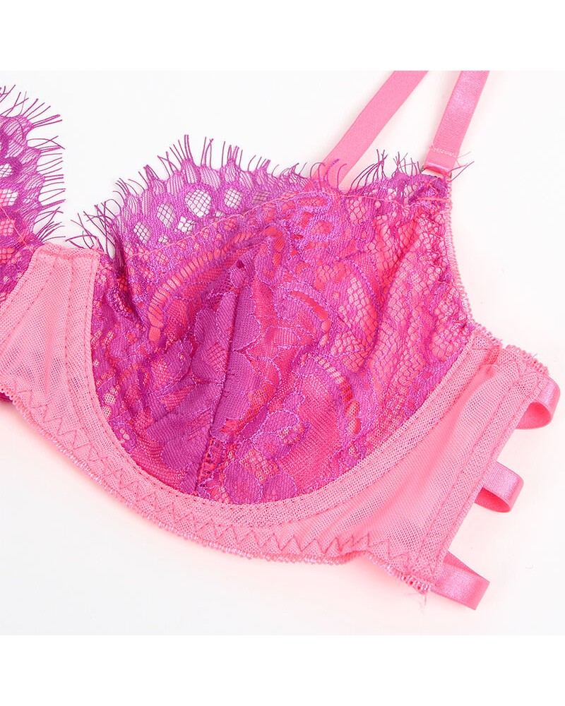 SUBBLIME - 955366 COMPLETO REGGISENO CON PIZZO E LINEE DI GIARRETTIERA ROSA E VIOLA L/XL