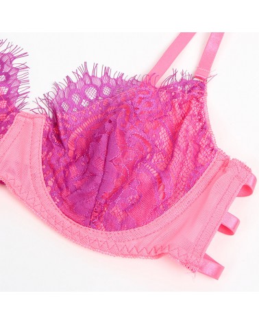 SUBBLIME - 955366 COMPLETO REGGISENO CON PIZZO E LINEE DI GIARRETTIERA ROSA E VIOLA L/XL