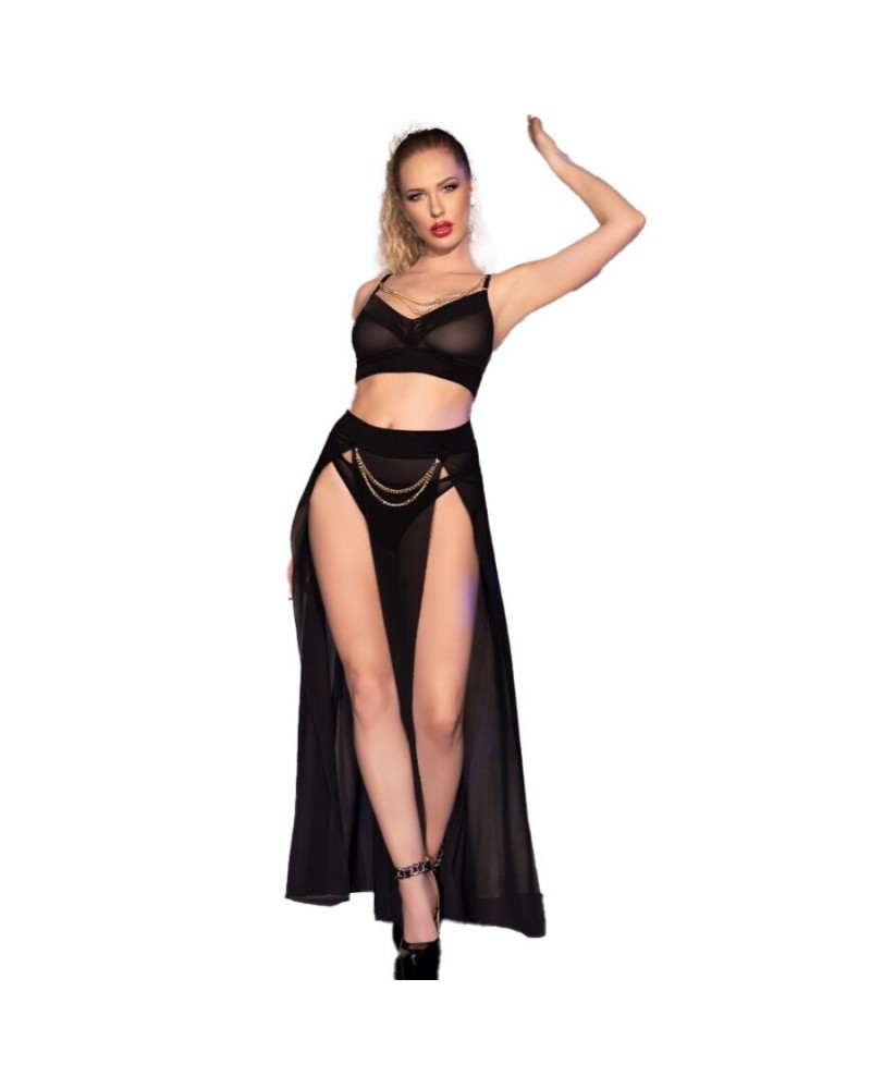 CHILIROSE - CR 4672 GONNA TOP NERA E PERIZOMA CON CATENE ORO S