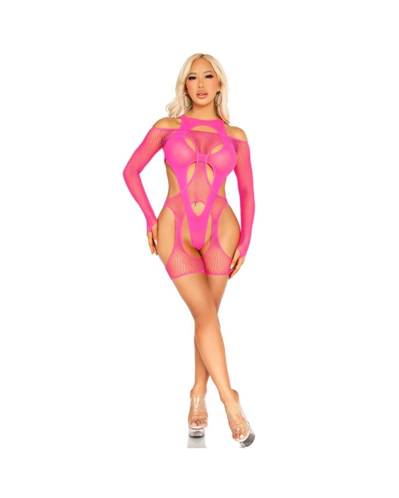 LEG AVENUE - BODYSTOCKING A RETE CON CINTURA E IMBRACATURA ROSA NEON