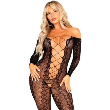 LEG AVENUE - BODYSTOCKING SENZA CAVALLO IN PIZZO SERPENTE ESOTICO NERO