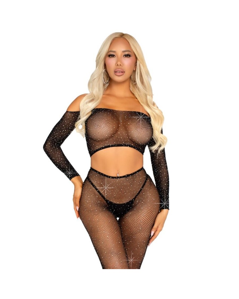 LEG AVENUE - CROP TOP E LEGGING A RETE CON STRASS NERO