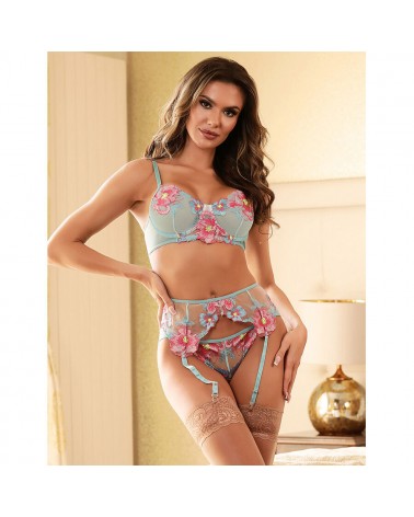 SUBBLIME - 957643 SET REGGISENO E CINTURA RICAMO FIORI ROSA S/M