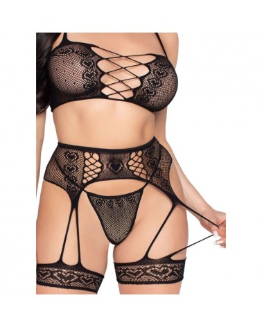 LEG AVENUE - 89359 SET TOP + PERIZOMA + GIARRETTIERA NERO - TAGLIA UNICA
