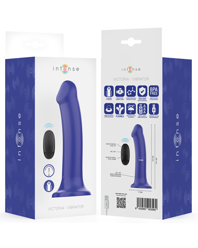 INTENSE - VIBRATORE VICTORIA CON VENTOSA 10 VIBRAZIONI BLU SCURO TELECOMANDO