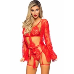 LEG AVENUE - 86123 SET VESTAGLIA TEDDY + GIARRETTIERA ROSSO TAGLIA S